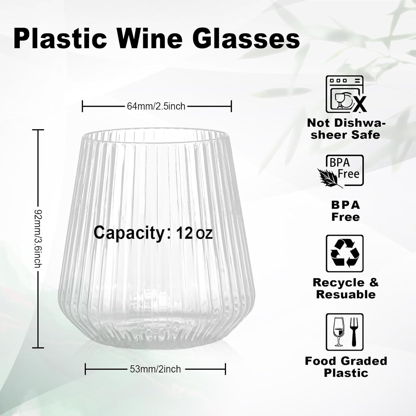 36 Pcs 12 oz Plastic Ribbed Wine Glasses, Reusable Champagne Glasses Elegant Whiskey Glasses Ideal for Weddings, Bars, Christmas, Halloween,Holidays,pool party,Daily Use