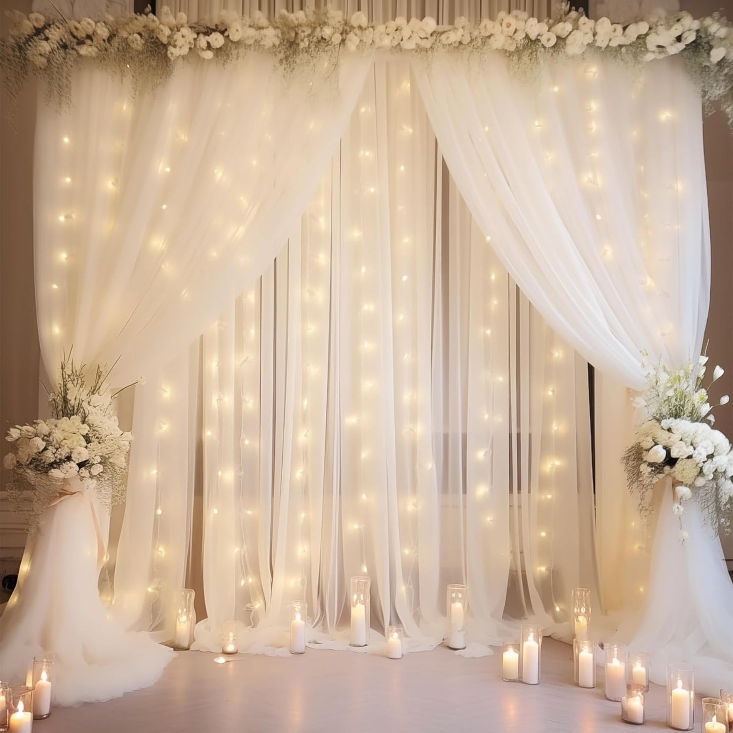 20×10ft White Tulle Backdrop Curtain with Lights String for Parties, Sheer Photo Backdrop Curtains for Wedding Party Photography Background