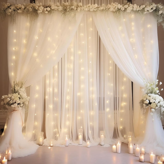 20×10ft White Tulle Backdrop Curtain with Lights String for Parties, Sheer Photo Backdrop Curtains for Wedding Party Photography Background