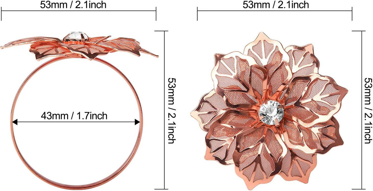 KPOSIYA Flower Napkin Rings Holder Metal Rose Gold Napkin Rings Set of 6 for Wedding Party Holiday Banquet Christmas Dinner Delicate Serviette Buckles Decor Favor (6, Rose Gold)