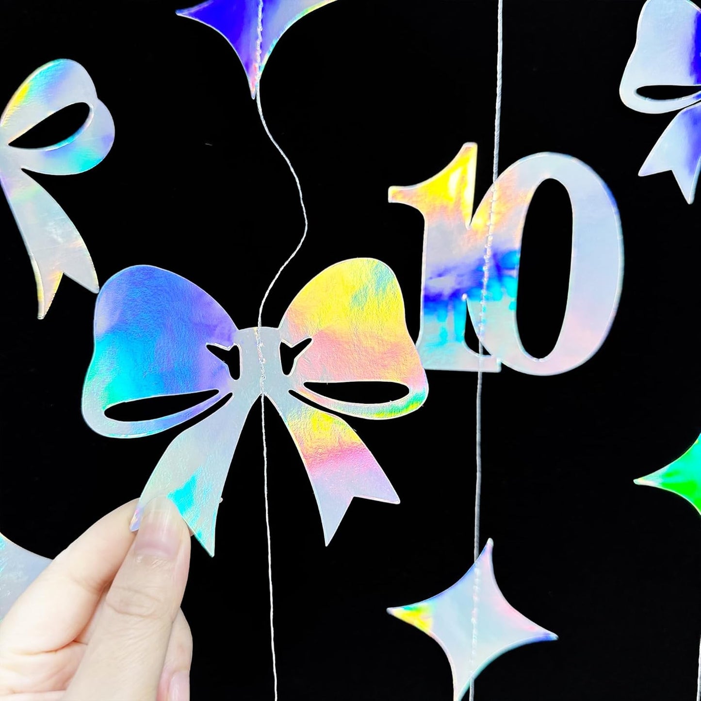 Iridescent 10th Bow Birthday Decorations Glitter Conquette Bow Garland Streamer Banner Backdrop for Girls Boys Happy 10th Birthday Double Digits Cheers to 10 Years Old Anniversary Party Supplies