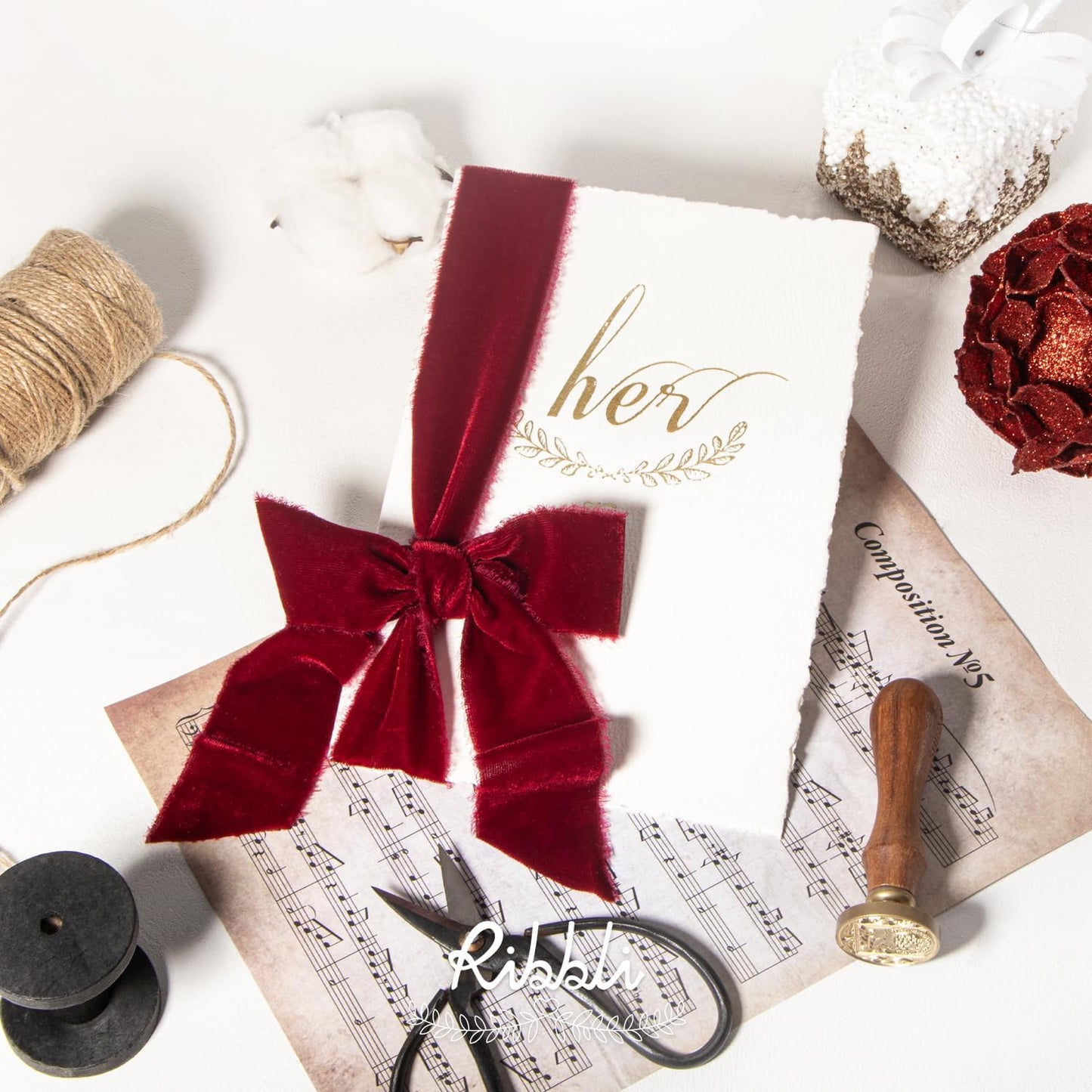 Ribbli Burgundy Velvet Ribbon 1.5 Inch Handmade Frayed Vintage Christmas Ribbon for Gift Wrapping Christmas Tree Ornament Wreath Craft Home Decor -Total 3 Yards with Wooden Spool