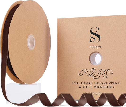 Brown Christmas Velvet Ribbon for Tree, Gift Wrapping, Flower Bouquet, Wreath Decorations, Bow Making 5/8'', 25 Yards