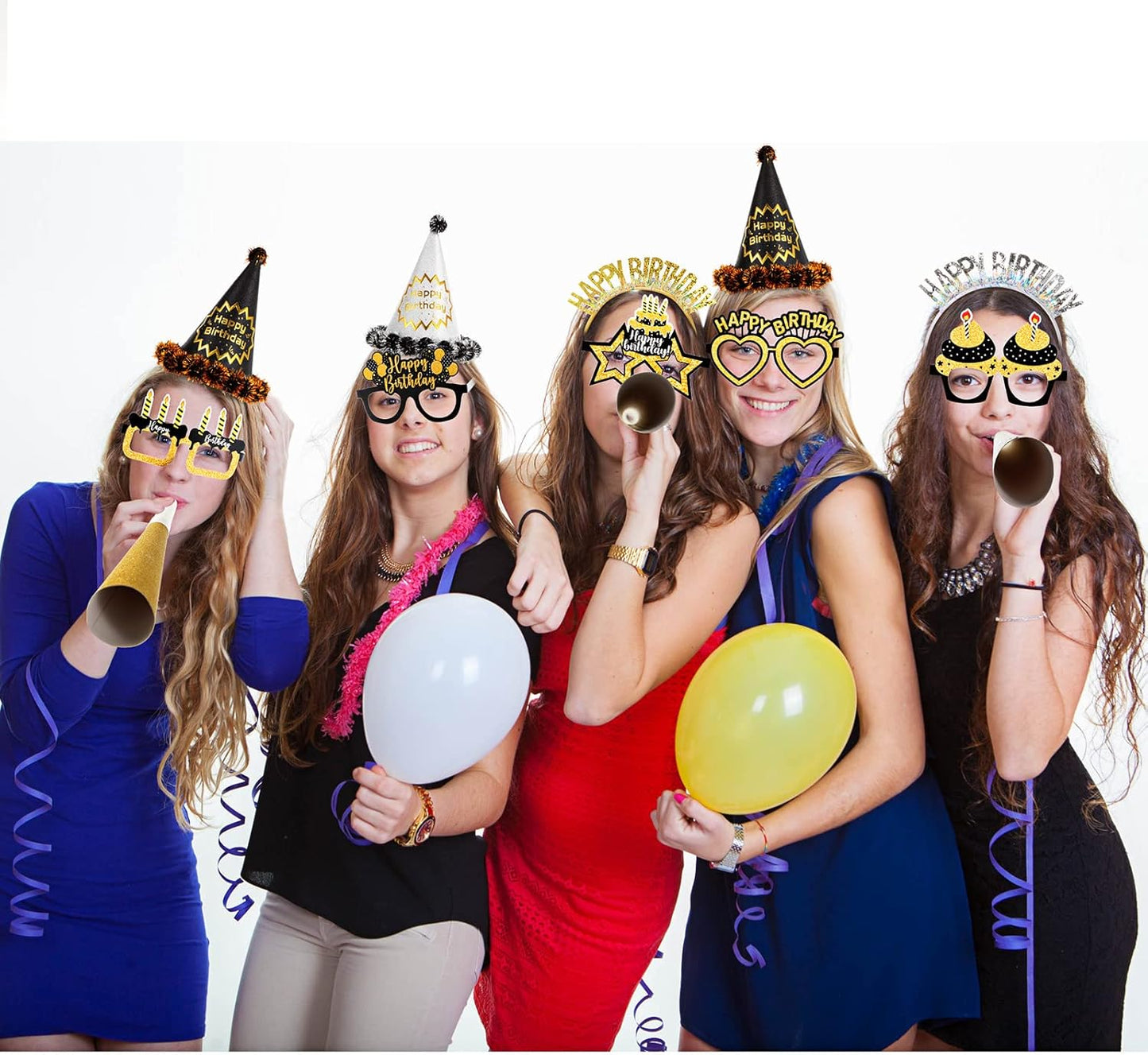 Sratte 36 Pcs Black Gold Style Birthday Party Favors Set Happy Birthday Hat Headband Glasses Noise Makers Party Horns