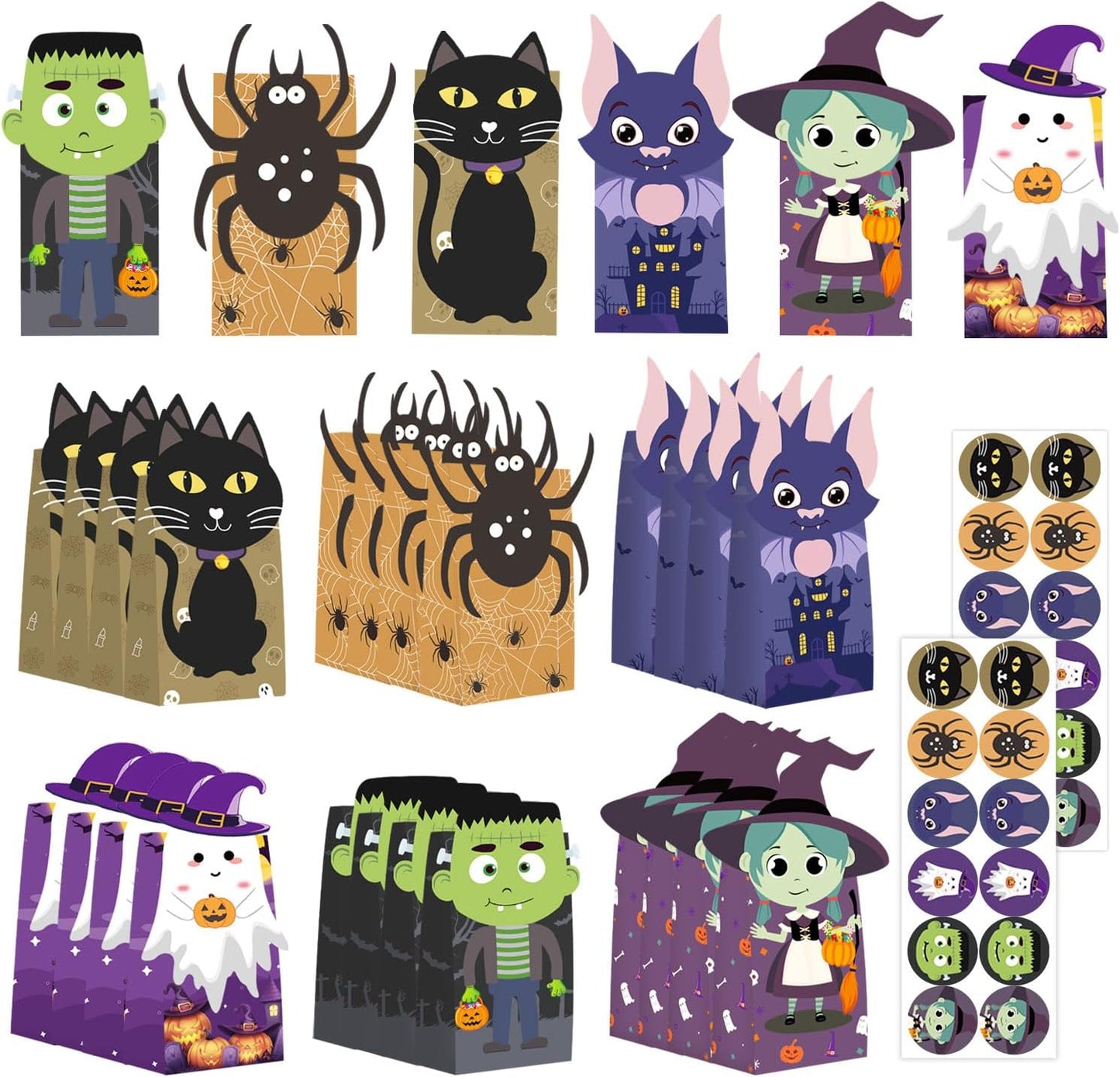 Tikitup Halloween Treat Bags-24pcs Trick or Treat Goody Bags with 24pcs Stickers,Mini Paper Gift Bags for Treats Snacks, Goodie Bags Party Supplies, Holiday Pastries Supplies