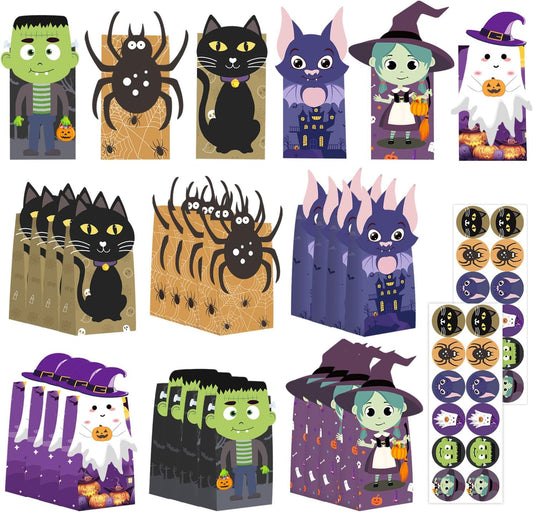 Tikitup Halloween Treat Bags-24pcs Trick or Treat Goody Bags with 24pcs Stickers,Mini Paper Gift Bags for Treats Snacks, Goodie Bags Party Supplies, Holiday Pastries Supplies
