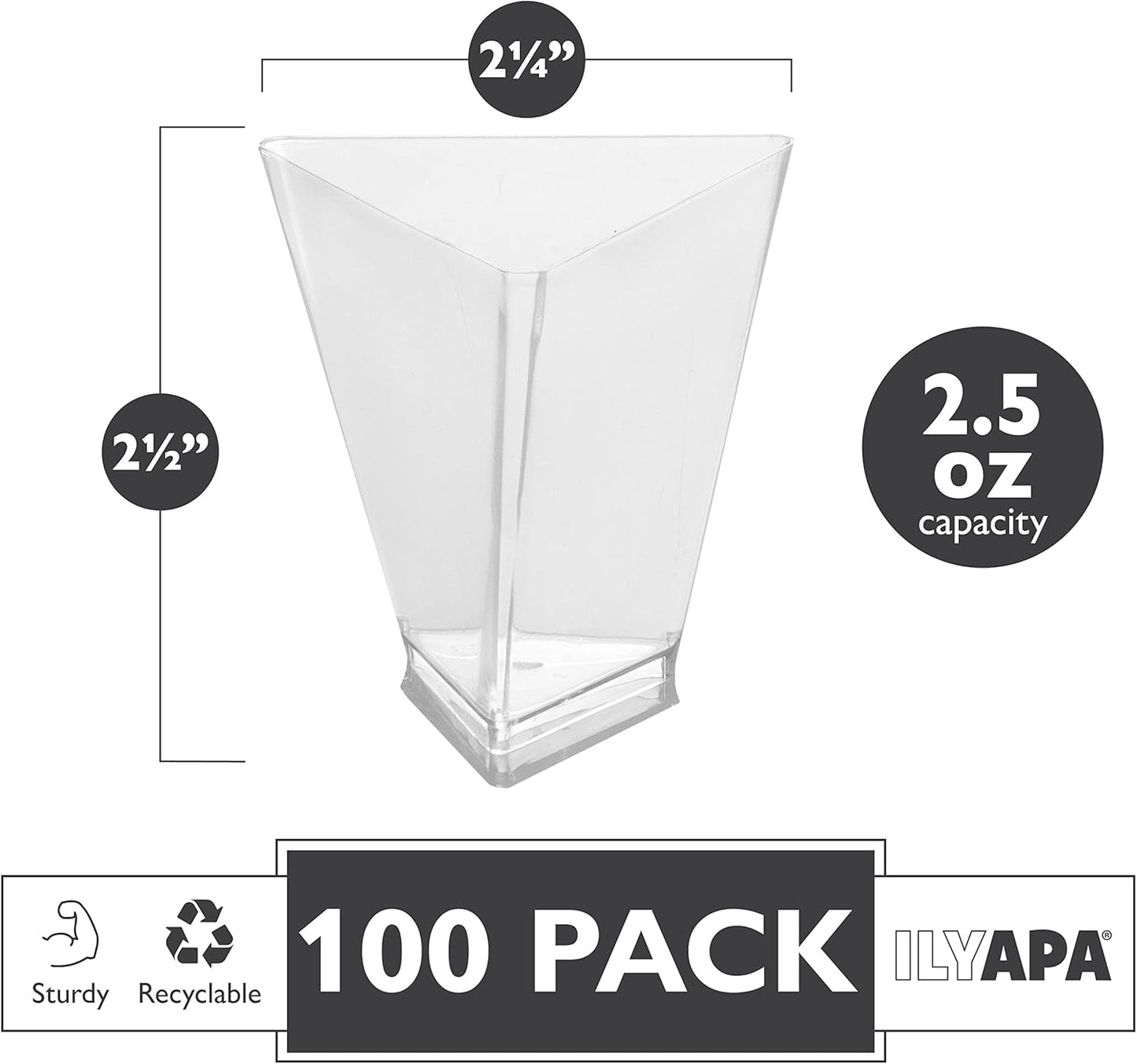 Ilyapa 3oz Plastic Dessert Cups - 100 Pack Mini Dessert Cups with Spoons - Clear Reusable Small Appetizer Cup for Cheesecake Shooters, Chocolate Mousse - Party and Catering Supplies - Triangle