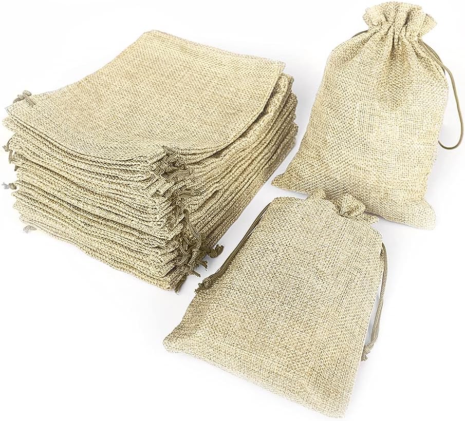 LYSXP 50PCS Burlap Bags with Drawstring，5x7 Inch Cream color Drawstring Gift Bag Jewelry Pouches for Wedding Party Favors, DIY Craft