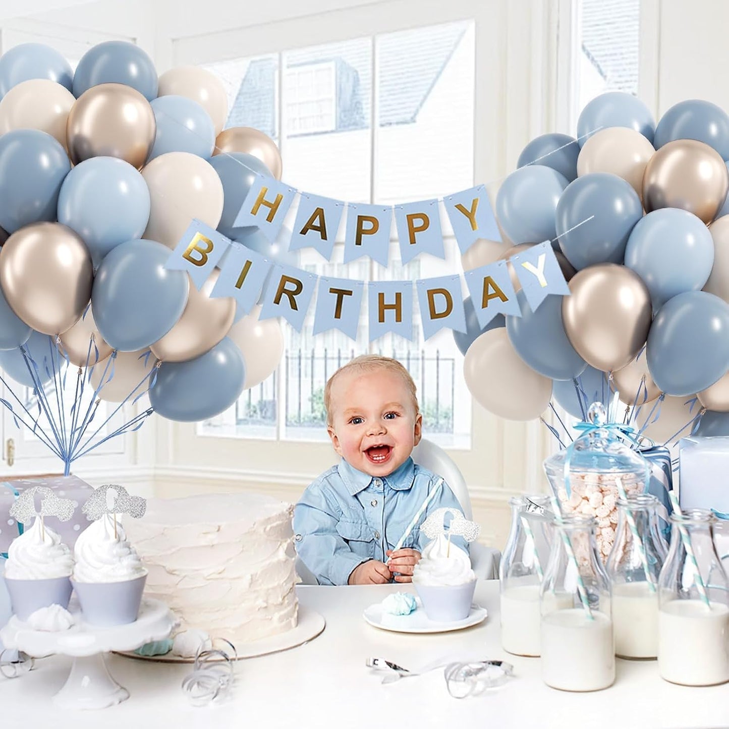 60pcs Dusty Blue Balloons 12inch with Sand White Metallic Gold Dusty Pastel Blue Balloons for Wedding Gender Reveal Baby Bridal Shower Birthday Party Decorations