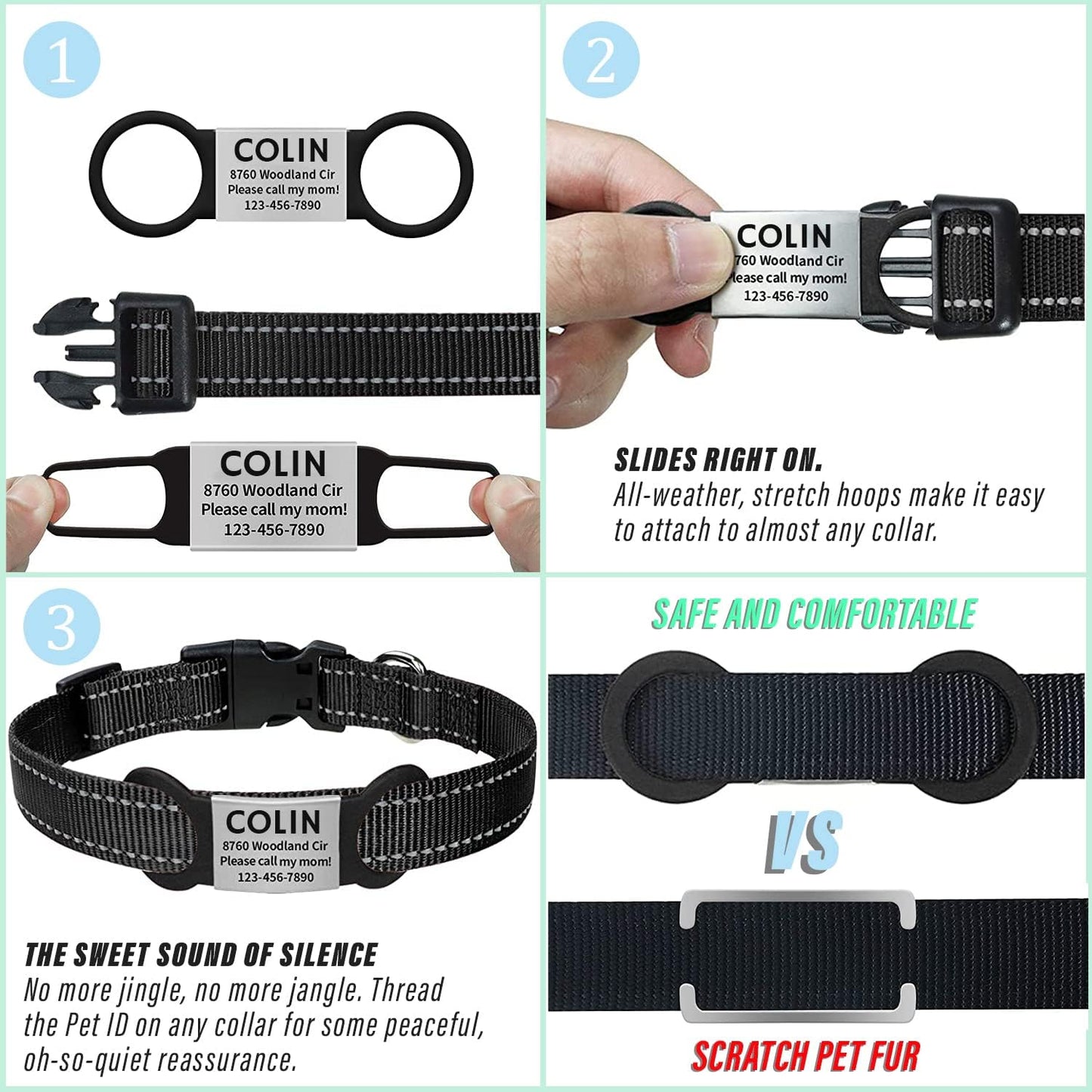 Personalized Dog Name Tag - No Noise - Engraved & Slide On - Custom Collar Tags for Small, Medium, Large Dogs & Cats