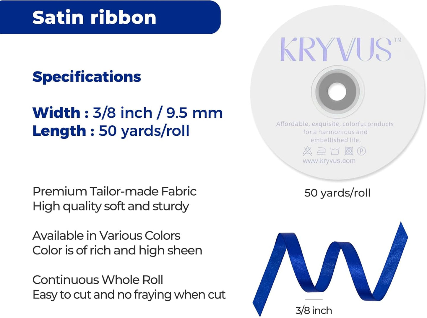 Royal Blue Satin Ribbon 3/8 inch X Continuous 50 Yards, Single Face Polyester Ribbon Perfect for Gift Wrapping, Flower Bouquet, Wedding Decor, Crafts, Bow Making, Sewing and More