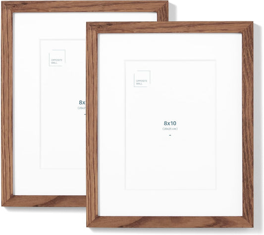 Opposite Wall - Set of 2-8x10 in - Dark Solid Oak Wood Picture Frames with Mat - Wall Hanging & Tabletop Photo Frame - Pictures Display 5x7 with Mat, 8x10 without - Office, Gallery & Home Decor
