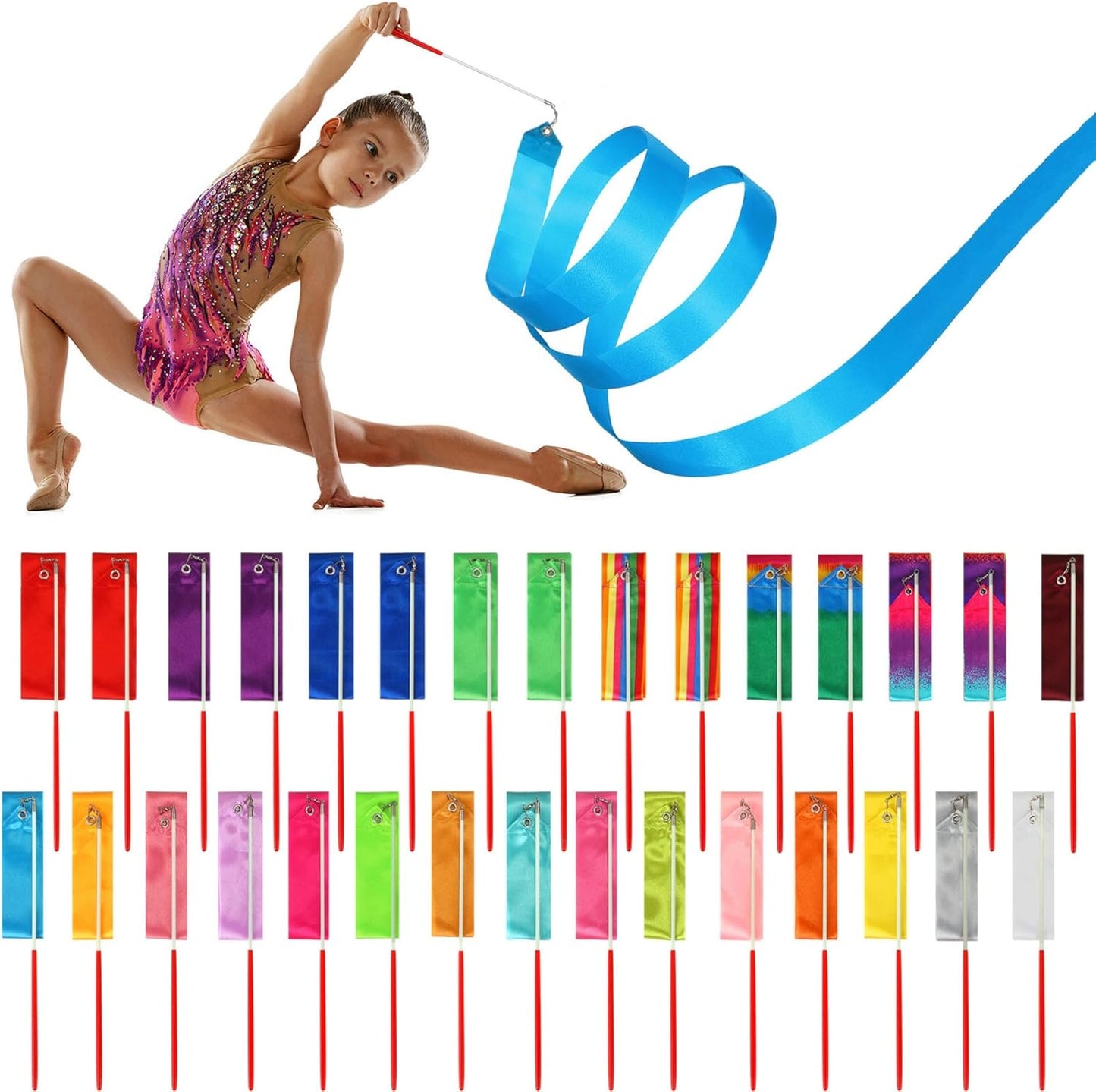 Yilloog Ribbon Dancing Wands Party Favors, 78.7 Inch Gymnastics Ribbon Streamers Rainbow Artistic Ribbon Dancer Twirling Wands, Rainbow Birthday Decorations, Girls Party Games