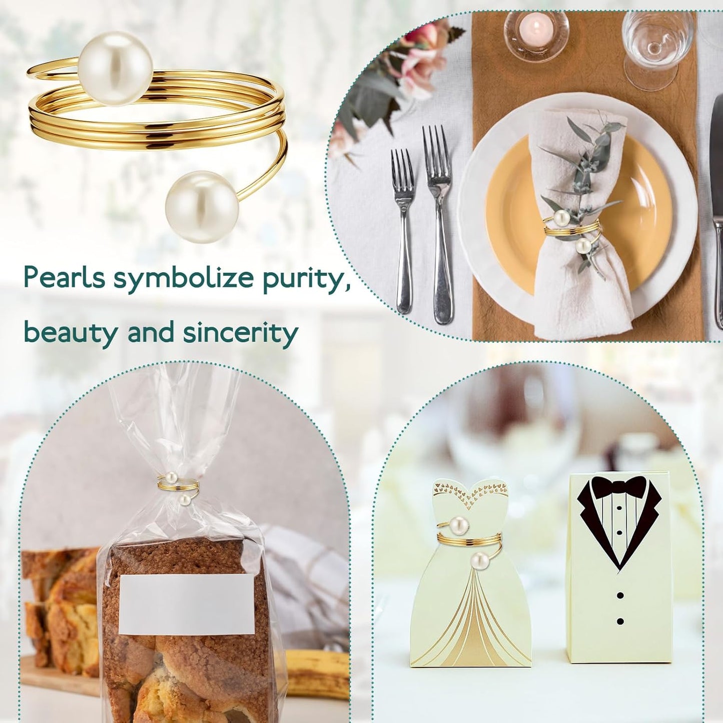 Elegant Pearl Napkin Rings, 50 Pcs Stylish Gold Napkin Ring, Delicate White&Gold Beaded Serviette Buckles for Wedding Thanksgiving Christmas Family Gathering Birthday Banquet Party Table Supplies