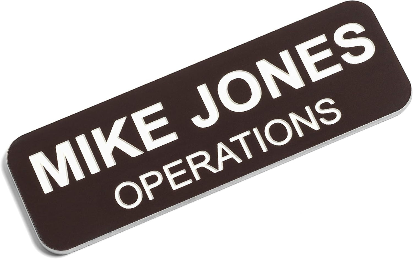 Custom Engraved Name Tag Badges – Personalized Identification with Pin or Magnetic Backing, 1 Inch x 3 Inches, Dark Brown/White