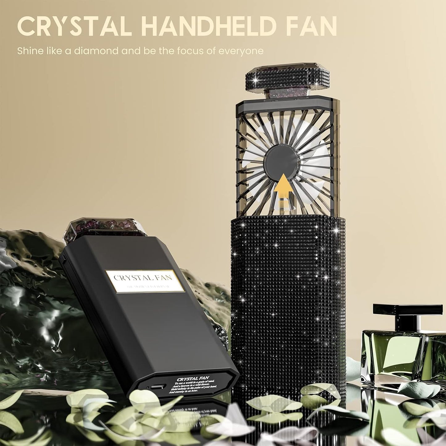 Lady Rechargeable Personal Fan with 3 Speeds, Quiet Portable Mini Cooling Desk Fan - Safe for Girls & Women - Black Rhinestones