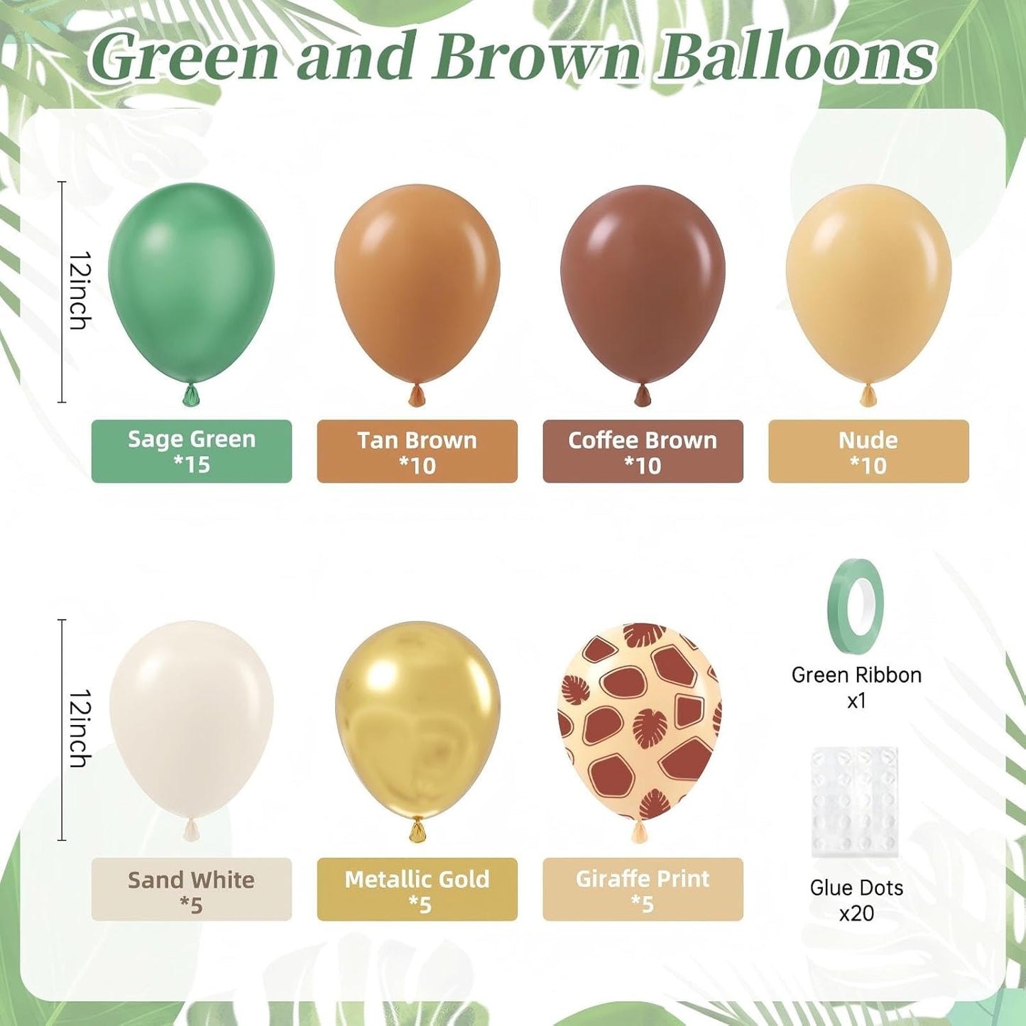 60pcs Safari Balloons, Sage Green Coffee Brown Light Brown Nude Sand White Metallic Gold Balloons for Woodland Jungle Theme Brithday Baby Shower Decorations