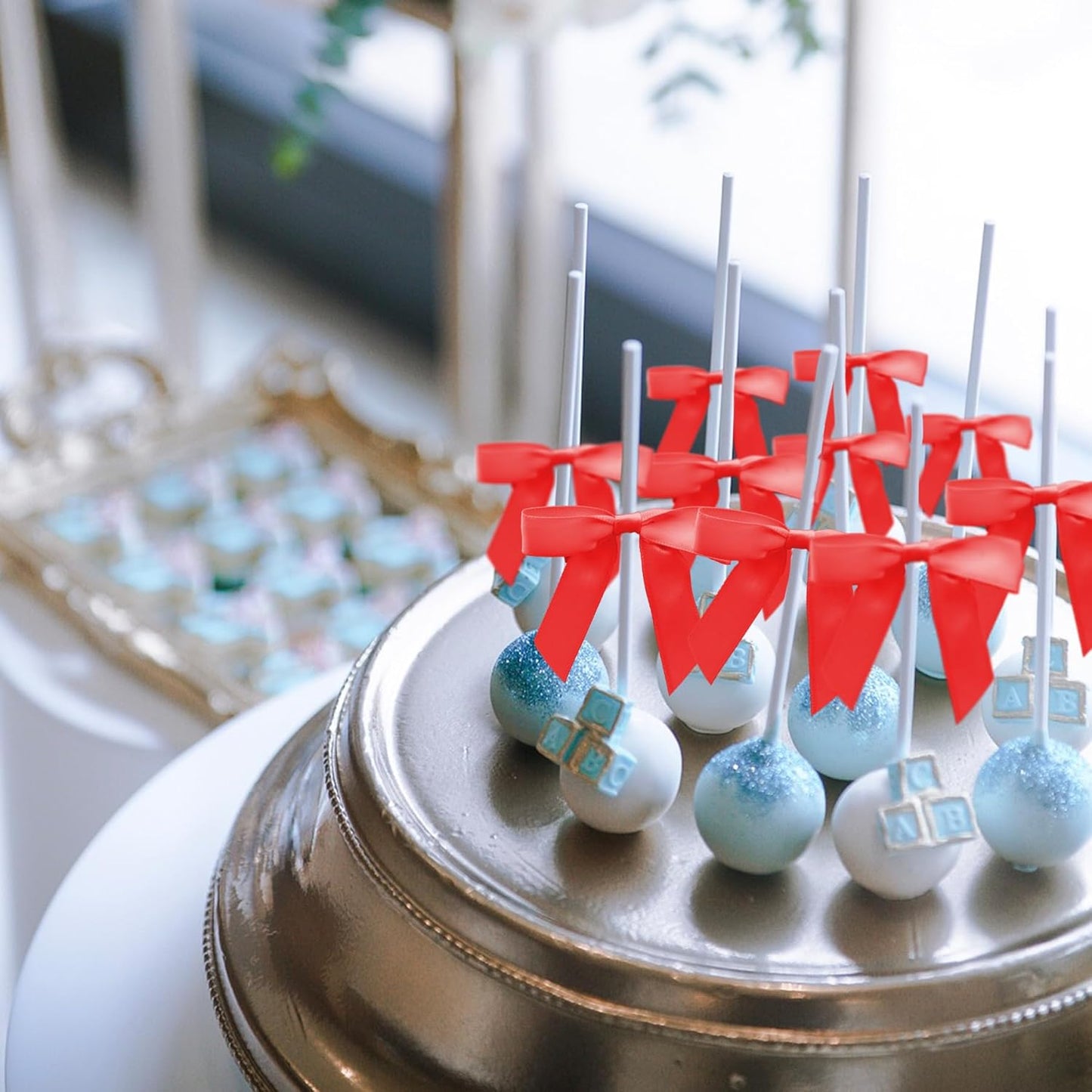 50Pcs Red Twist Tie Bows for Gift Wrapping 2.5" Satin Ribbon Bow for Treat Bags Cake Balloons Birthday Party Favors Wedding Decorations