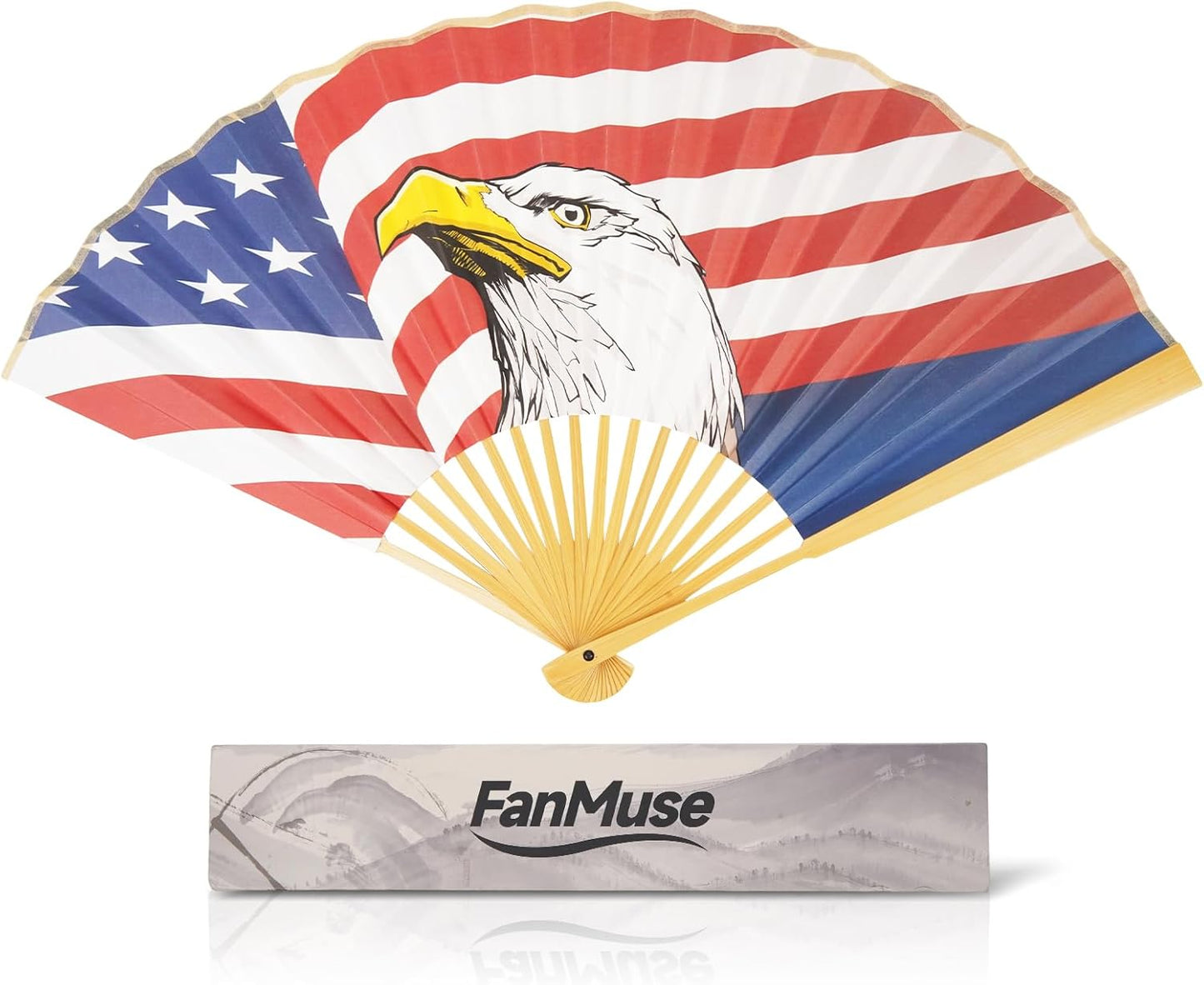 Bamboo & Paper Folding Hand Fan – Chinese Craft with Patriotic Bald Eagle American Art Design, Decorative Handheld Fan with Elegant Gift Box for Wedding, Party, Travel & Home Décor