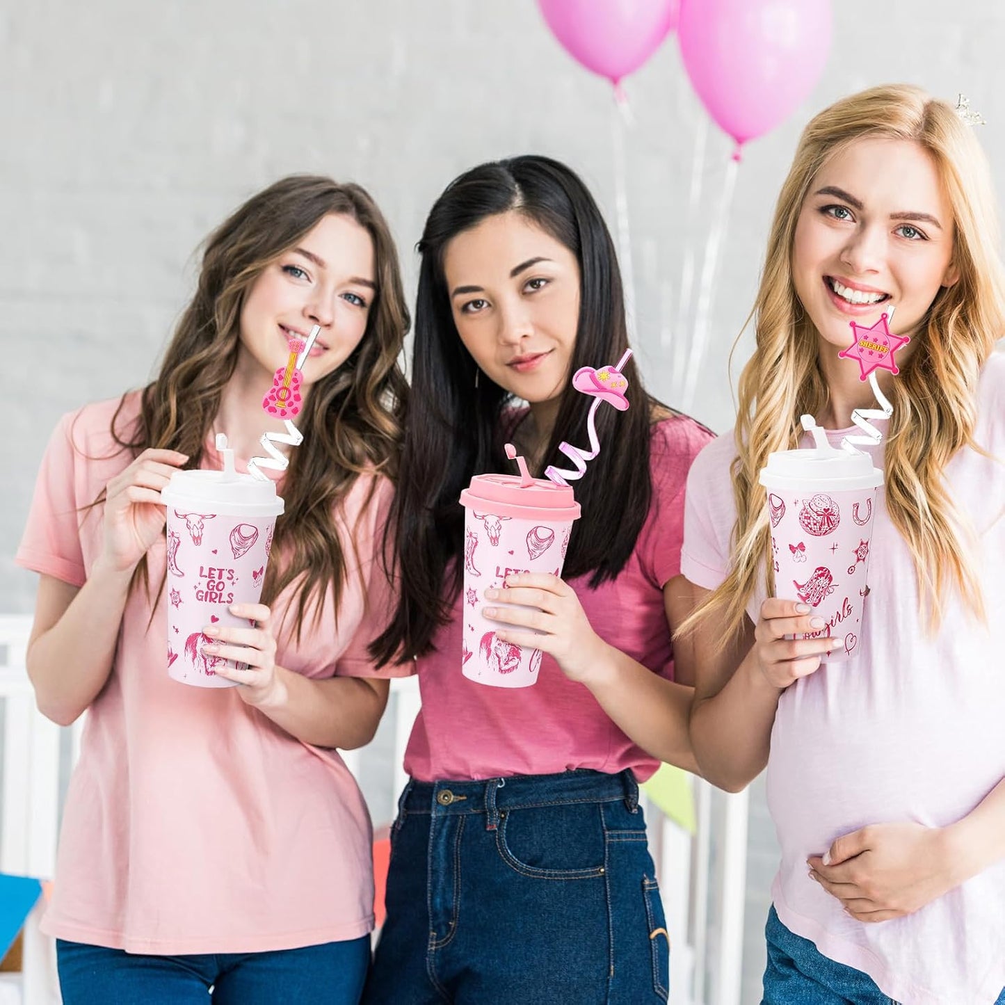 Yungyan 36 Sets Pink Cowgirl Party Favors Goodie Cups with Lids and Straws for Halloween Party Decorations Reusable 16oz Plastic Candy Cups Plastic Straws for Birthday Gift(Pink Cowgirl)