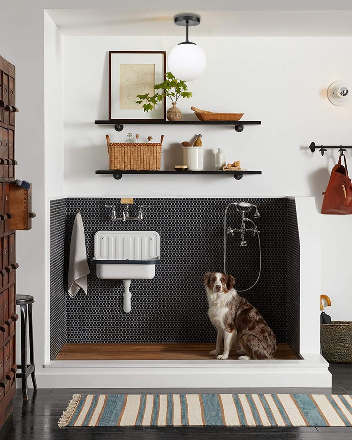 8" Black Semi Flush Mount Ceiling Light Fixture Milk Glass Globe Ceiling Light Fixtures Hallway Light Fixtures Mid Century Ceiling Lights Matte Black Finish for Entryway Foyer (Bulb Incl.)