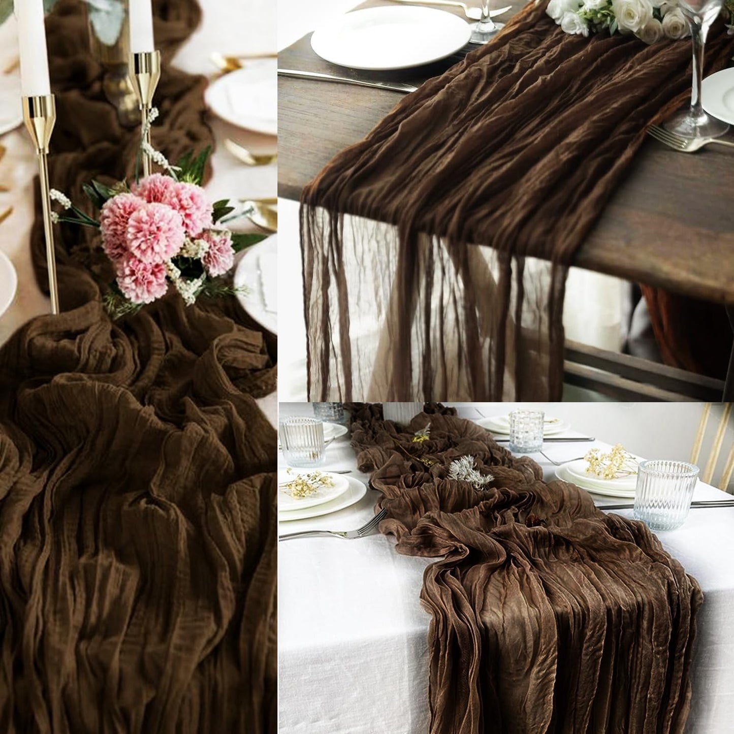 10FT 6 Pack Brown Cheesecloth Table Runner 20 x 120 Inch Long Boho Fabric Rustic Cheese Cloth Table Runner for Wedding Bridal Shower Baby Shower Gauze Sheer Birthday Party Table Decorations