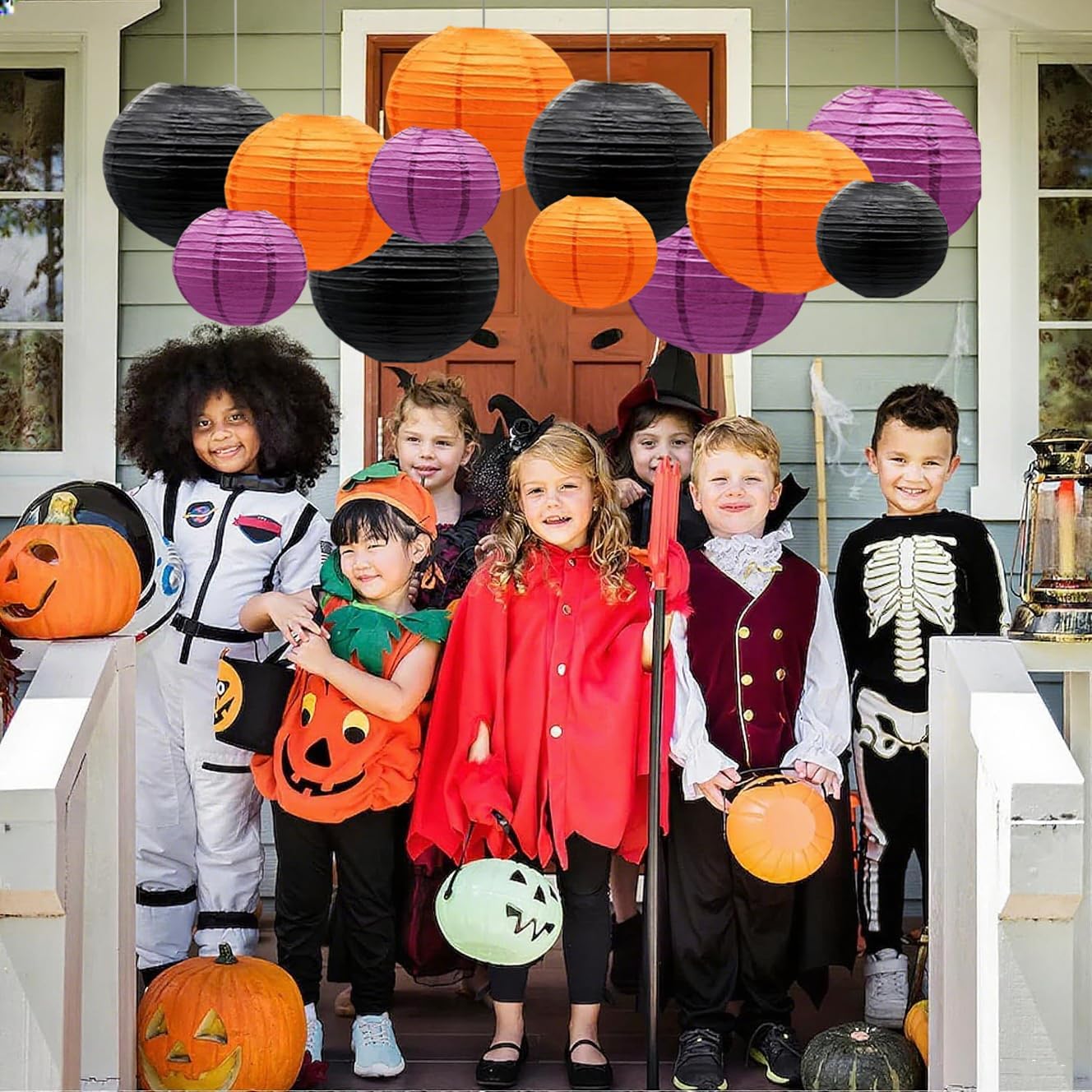 Orange Purple Black Paper Lanterns Decorative 12pcs Halloween Hanging Decorations for Graduation Thanksgiving Birthday Party Decorations