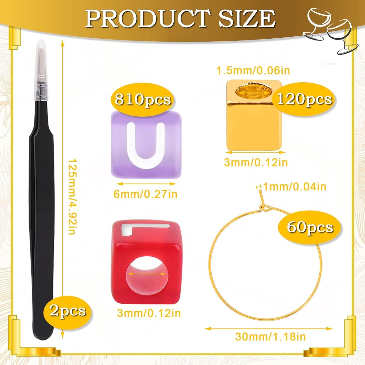 60 Sets DIY Wine Glass Charms – 780 Letter Beads 120 Gold Beads 60 Charm Rings 2 Tweezers, Drink Identifier Charms Wine Glass Marker Tags for Wedding Cocktail Bachelorette Party Decoration (Square)