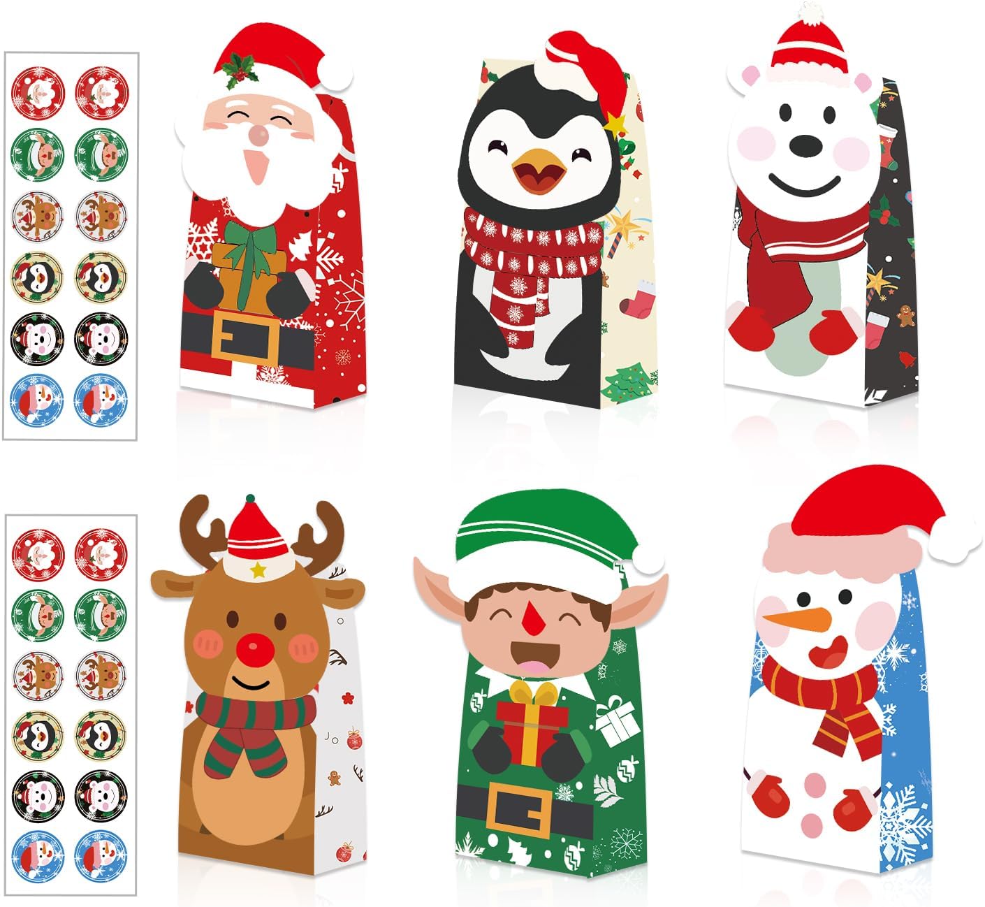 Tikitup 24PCS Christmas Treat Bags,24PcS Christmas Stickers,Xmas Cookies Wrapping Gift for Classrooms Holiday Party Supplies