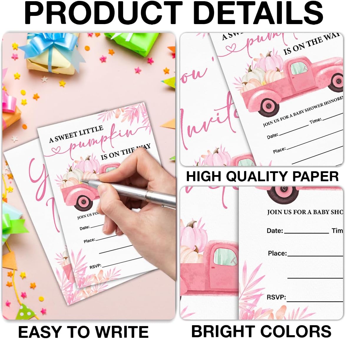 Pumpkin Baby Shower Party Invitations, Fall Pink Pumpkins Truck Baby Shower Party Fill in Invites Cards With Envelopes (20 Count), Double Sided Design