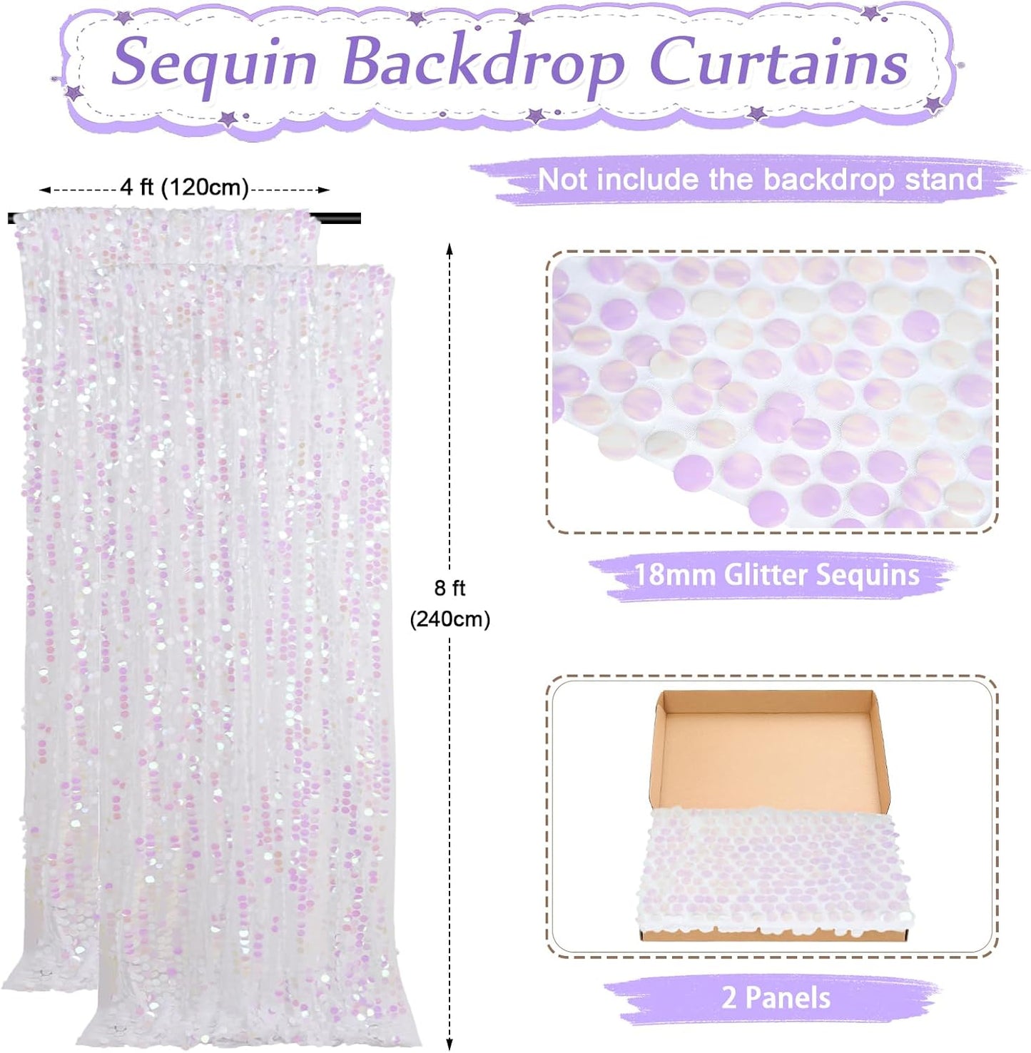 Large Payette Sequin Backdrop 2 Panels 4ftx8ft Iridescent White Glitter Fabric Curtains Mermaid Themed Party Backdrop Backgrounds