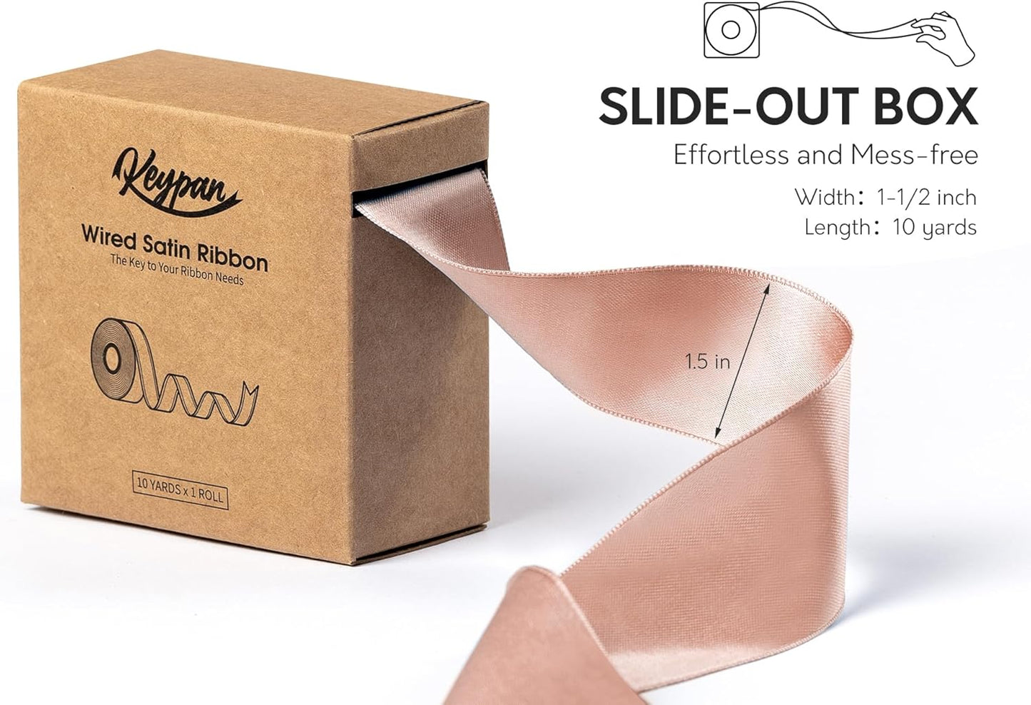 Rose Gold Satin Ribbon Double-Faced Wired Ribbons for Gift Wrapping Flower Bouquet Bows Wedding Invitation Christmas Decor Crafts 1-1/2 Inch 10 Yards