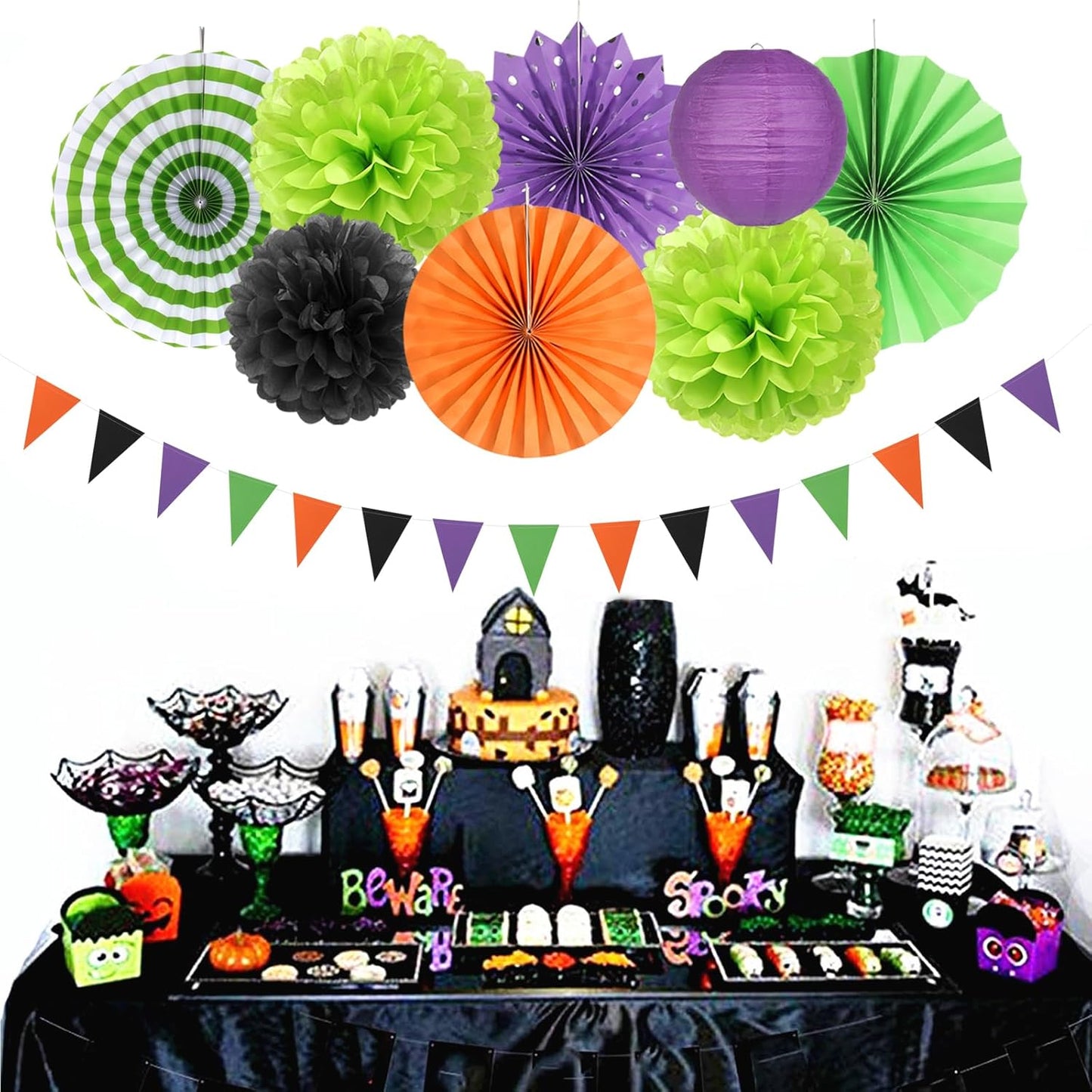 Black Purple Orange-Green Halloween Party-Decorations - 20pcs Paper Lanterns Fans,Tissue Pom Poms,Honeycomb Balls,Hotel Transylvania Hocus Pocus Birthday Baby Bridal Shower Wedding Decor Burgleda