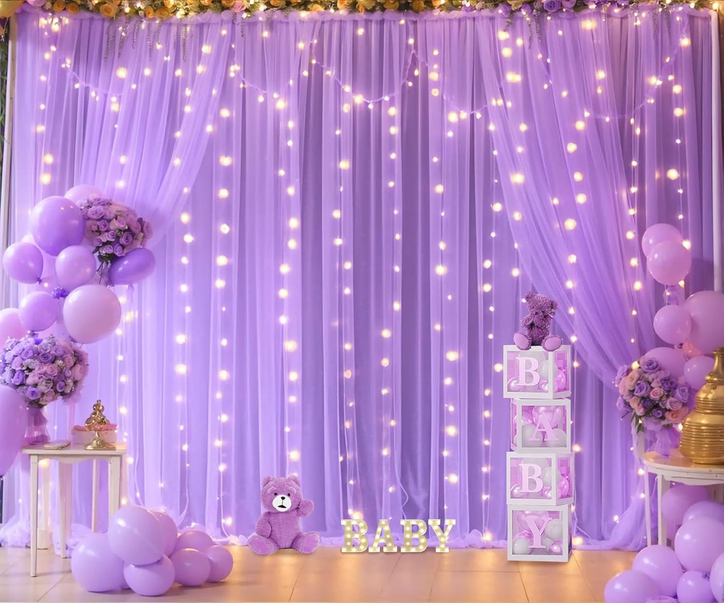10ft x 10ft Lavender Tulle Photo Backdrop Curtain with Lights String for Parties Wedding Bridal Shower Sheer Lavender Curtain Backdrop for Birthday Baby Shower Photo Booth Photography