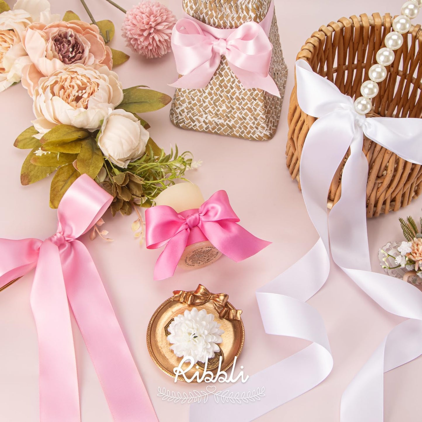 Ribbli Pink Satin Ribbon 1-1/2 Inch x 4 Rolls Total 40 Yards- White Pink Ribbon for Gift Wrapping Craft Wedding Decoration