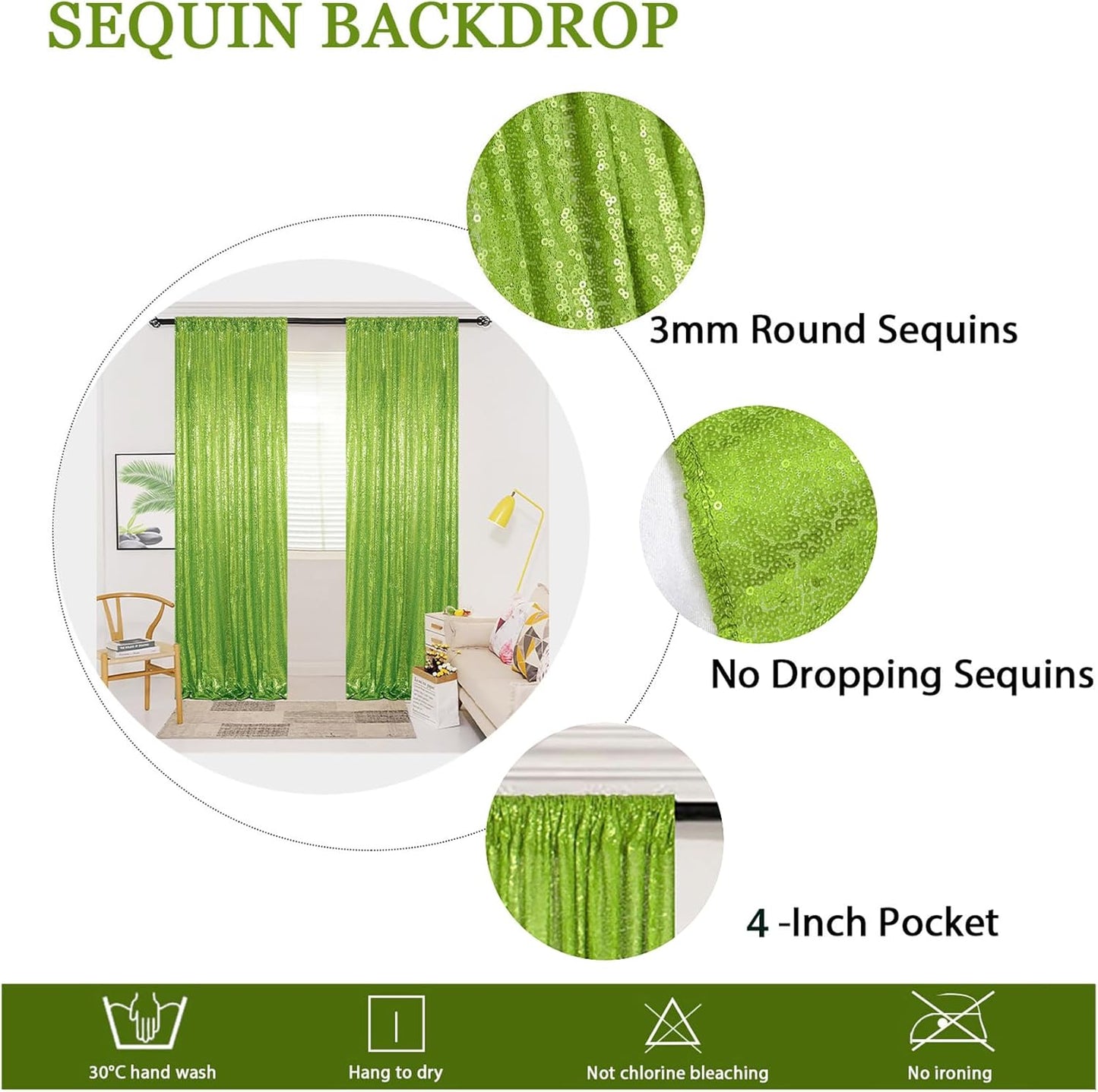 ShinyBeauty Olive Green Sequin Backdrop 4x10FT (4 Panels) – Sparkly Photo Booth Background for Weddings, TikTok Live Streams, Party Decor, Reusable Glitter Curtain