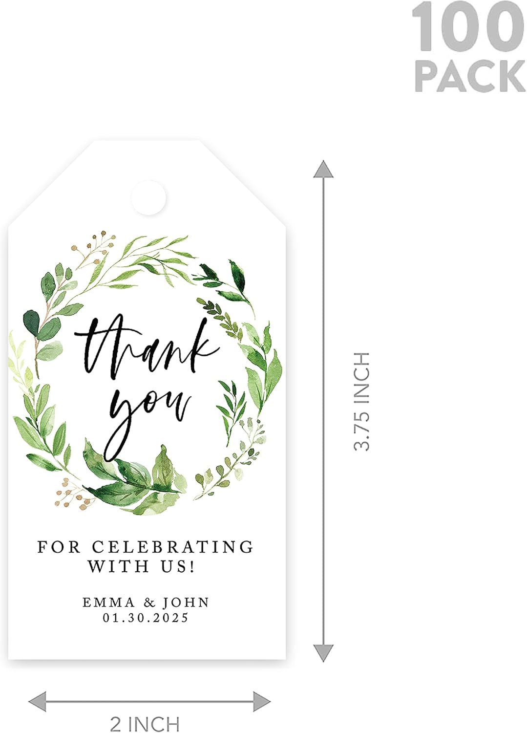 Andaz Press 100-Pack Personalized Thank You for Celebrating with Us Wedding Favor Tags with Bakers Twine Greenery Wreath Custom Cardstock Wedding Gift Tags Thank You Tags for Party Favors 2” X 3.75”