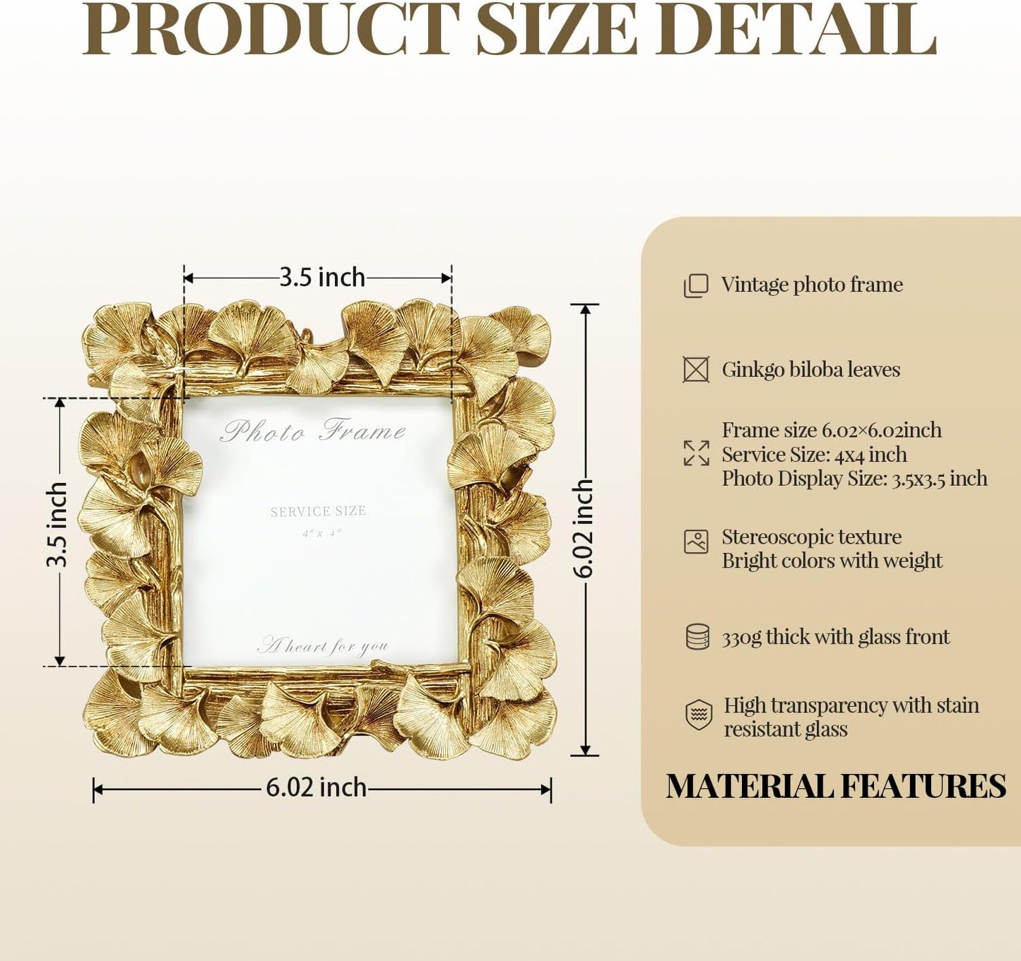 Cuspin 4x4 Picture Frame Small Gold Frames, Vintage Ornate Leaf Textured Hand-Crafted Resin with Glass Front, Antique Photo Frame for Tabletop Display, Retro Design Home Decor