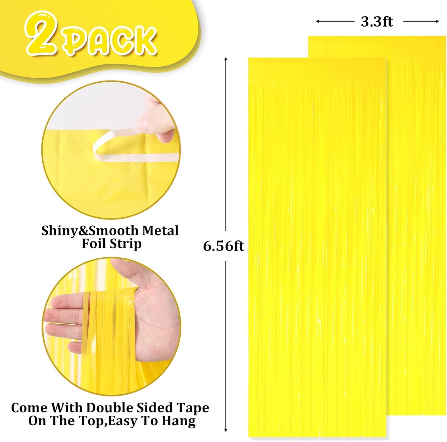 2 Pack Pastel Yellow Tinsel Foil Fringe Curtains, Yellow Party Decorations, Metallic Tinsel Party Streamers Backdrop for Birthday Baby Shower Graduation Gender Reveal Party Decorations