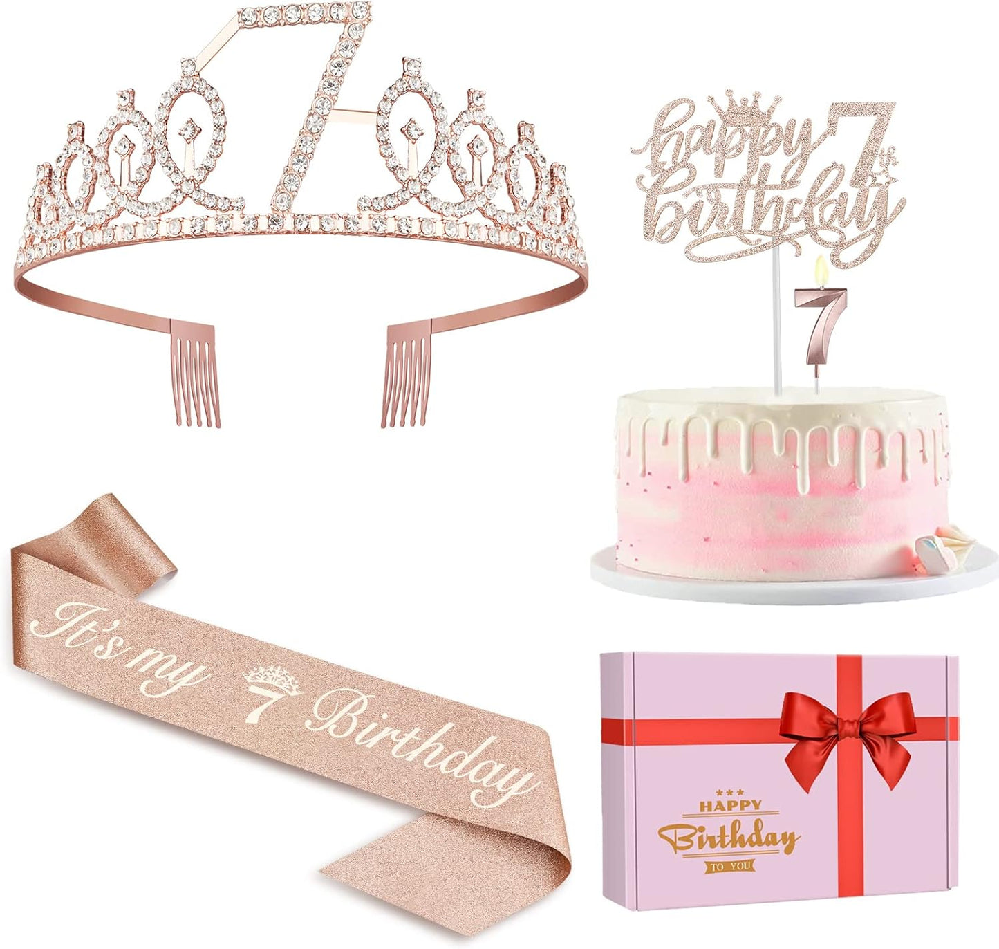 7th Birthday Decorations for Girl with Sash and Tiara, Numeral Candle and Cake Topper, 7 Year Old Birhtday Girls Rose Gold Party Favor Supplies