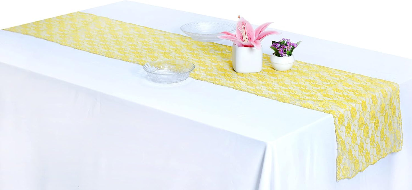 MDS Pack of 10 Wedding 12 x 108 inches Lace Table Runner for Wedding, Decorations for Birthday Parties, Banquets, Graduations, Engagements, and Runners fit Rectangle, Round Table- Yellow