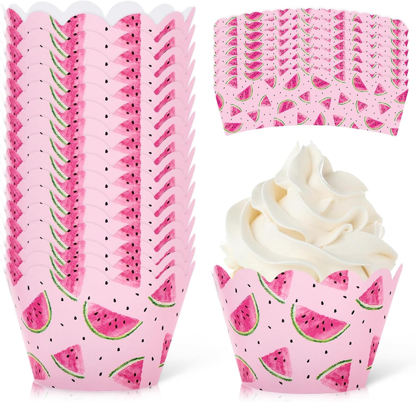 Whaline 36Pcs Watermelon Cupcake Wrappers Watercolor Pink Watermelon Cupcake Liners Decorative Cupcake Holders for Birthday Baby Shower Summer Dessert Decor