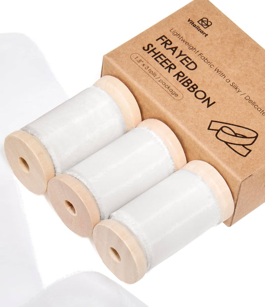 Vitalizart White Organza Ribbon Frayed Sheer Organza 1.5" Silk Like Ribbons for Gift Wrapping Craft Flower Bouquet Wedding Invitations Mesh Fabric Off White Ivory 15 Yards