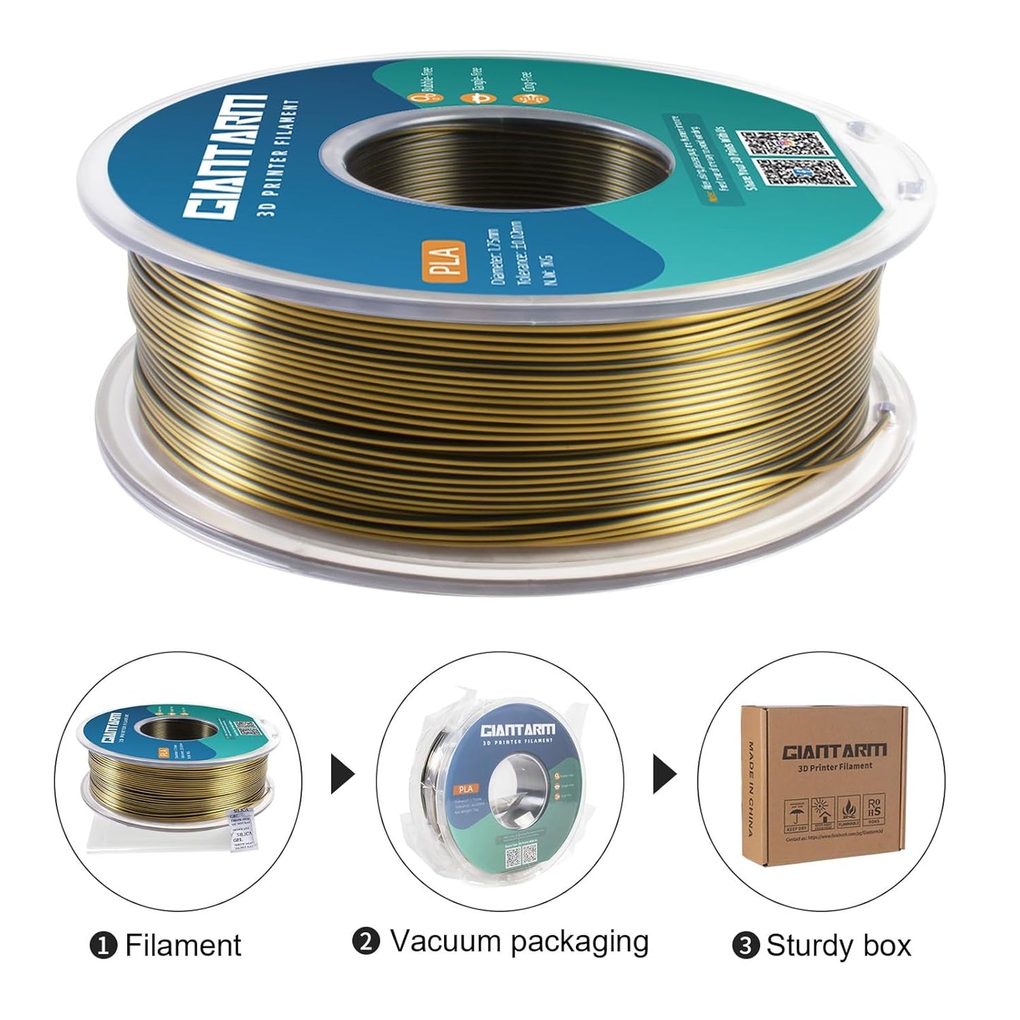 GIANTARM Dual Color PLA Filament, Silk PLA Filament 1.75mm +/-0.02mm,1KG Spool(2.2lbs) Vacuum Packaging, 3D Printing Filaments Fit Most FDM Printer