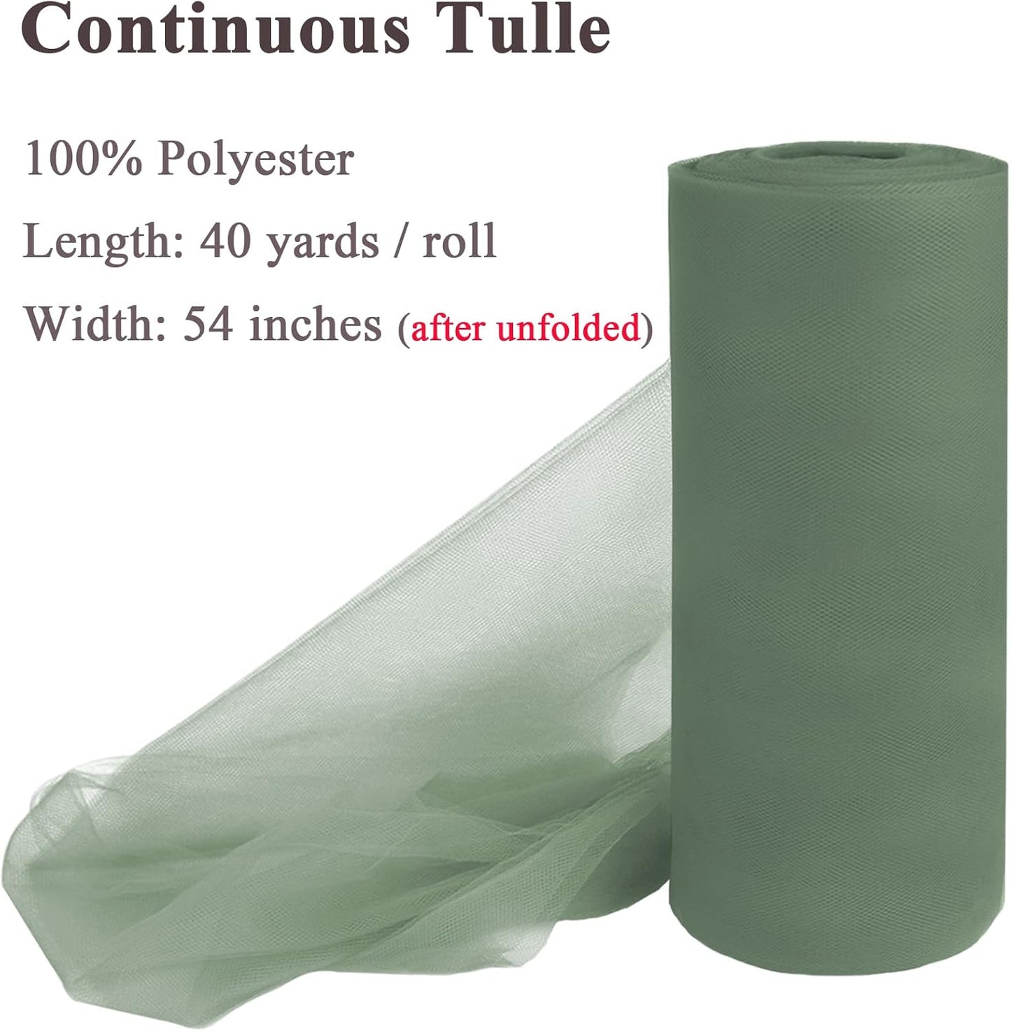 Moss Green Tulle Fabric Rolls 54 Inch x 40 Yards Large Mesh Tull Bolt for Wedding, Garden Netting, Tutu Skirt, Party Decoration and Craft Supplies