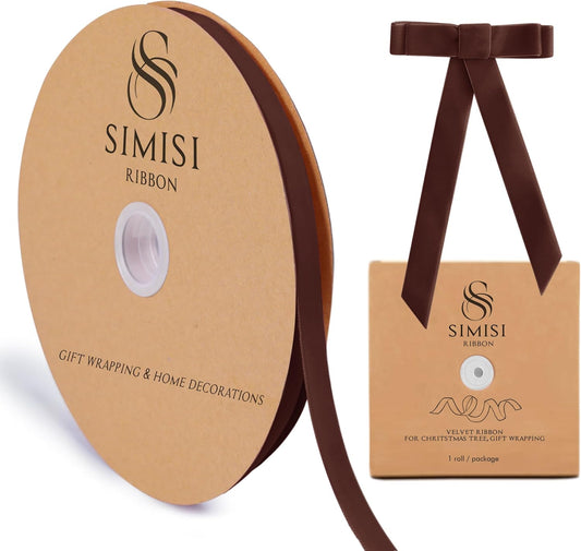 Brown Velvet Ribbon 3/8'' 25 Yards for Christmas Tree, Gift Wrapping, Flower Bouquet, Wreath Decorations, Bow Making