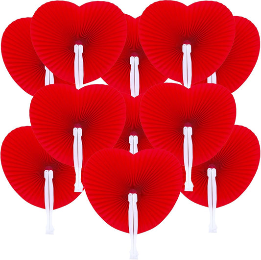 12 Packs Decorative Paper Folding Hand Fans Handheld,Red Heart Foldable Wedding Fans Chinese and Japanese Fans Bulk for Bridal Guest Church Party Favors Dancing Birthday DIY