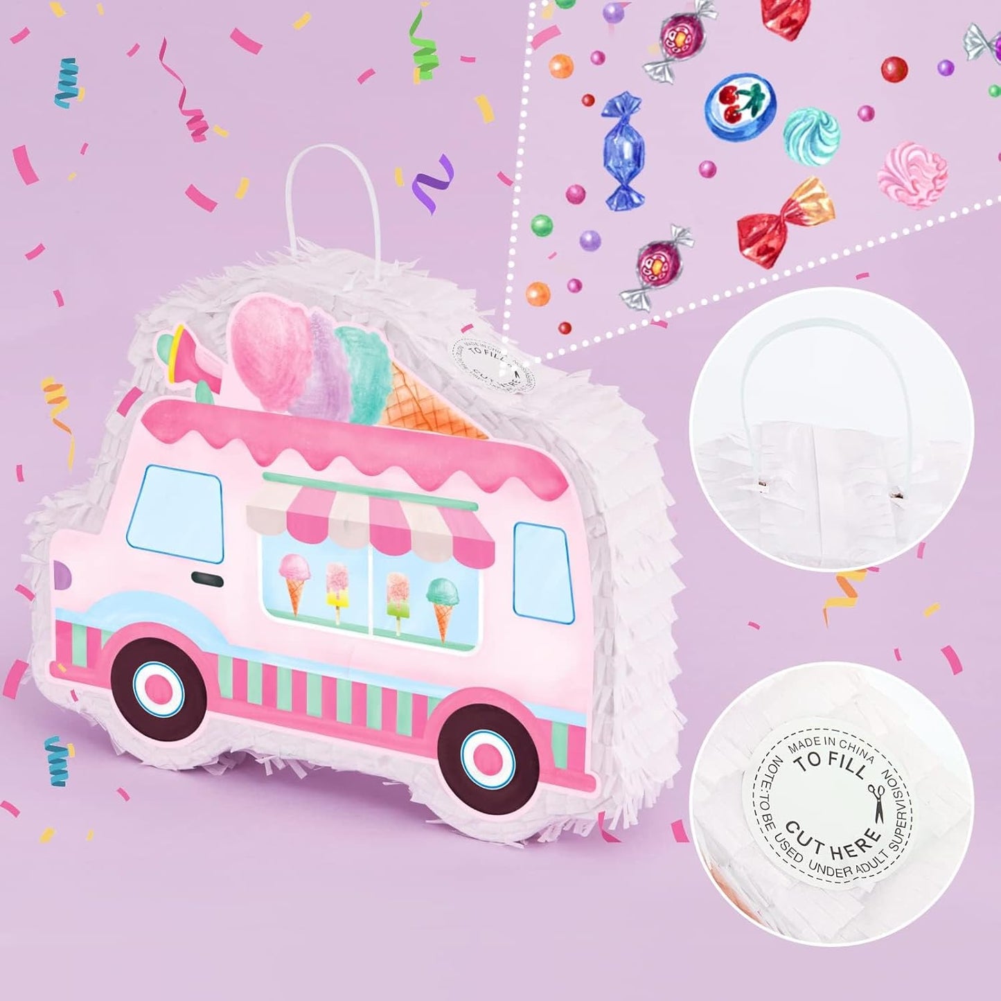 WERNNSAI Ice Cream Piñata -15.7'' x 12.2'' Ice Cream Truck Piñata with Stick and Blindfold Birthday Game for Kids Girls Summer Candy Theme Party Baby Shower School Activities Dessert Party Decorations