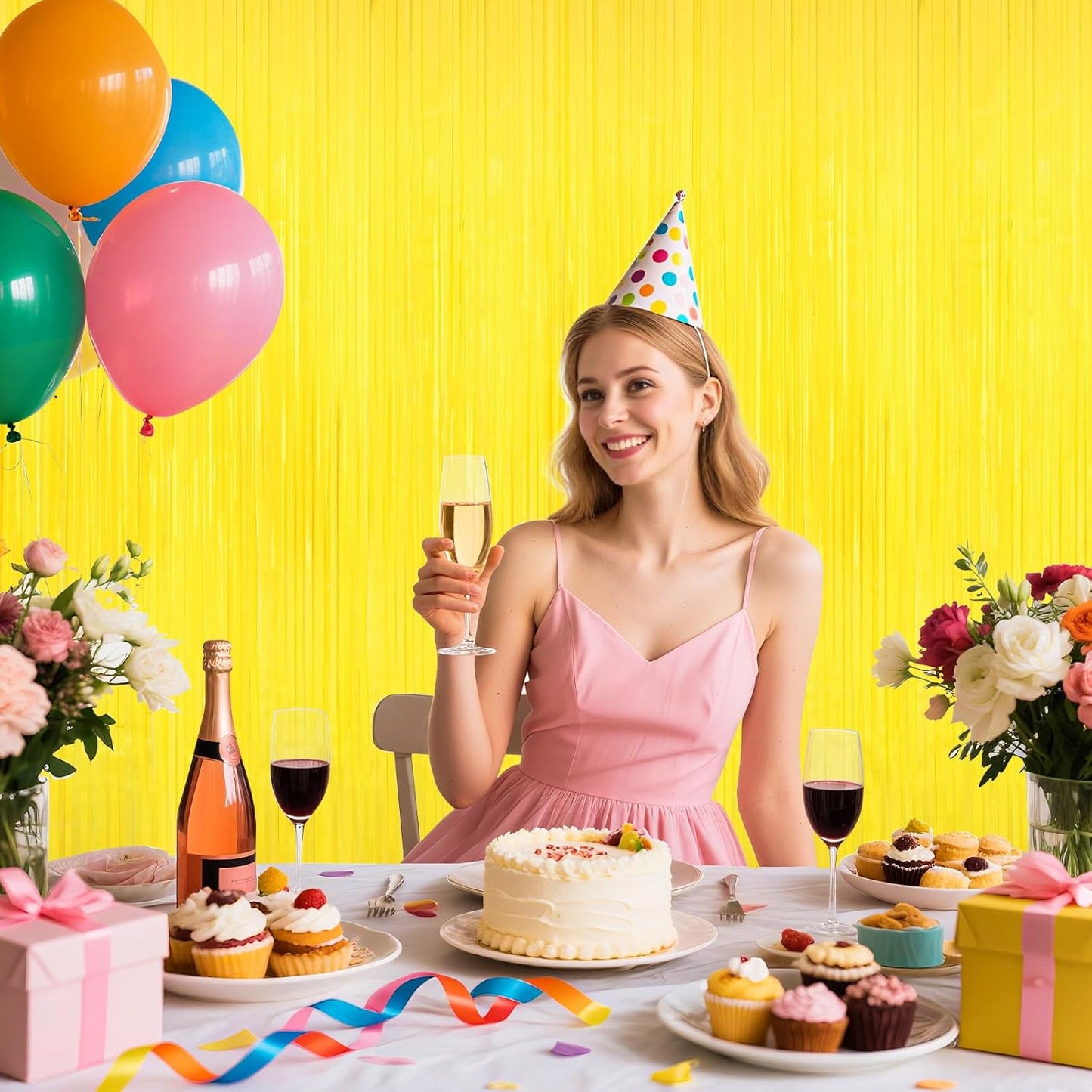 Yellow Tinsel Foil Fringe Curtains Backdrops,2Pack Door Streamers Photo Booth Backdrop for Birthday Party, Tinsel Curtain Backdrop for Baby Shower Bachelorette Christmas Party Decorations. Disco Decor