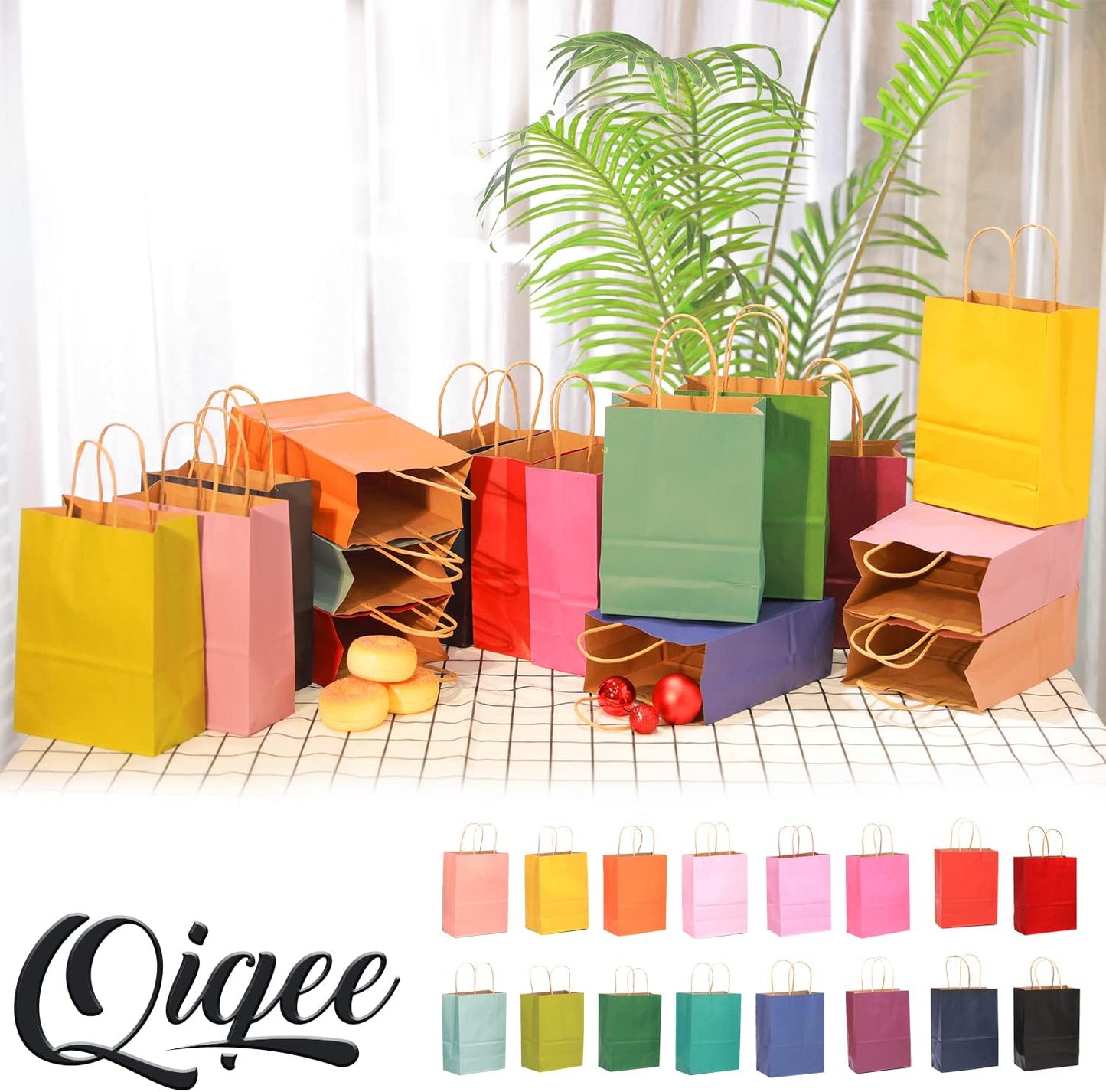 qiqee Medium Size Paper Gift Bags With Handles 10.6"x8.3"x4.3" 16 Solid Colors Party Favor Bags（16-Packs）